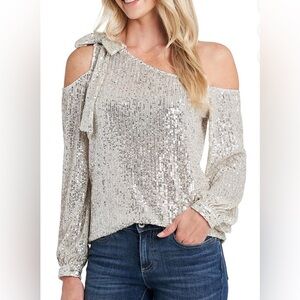 CeCe Womens Silver Sequined One Shoulder Bow Blouse | Size Large